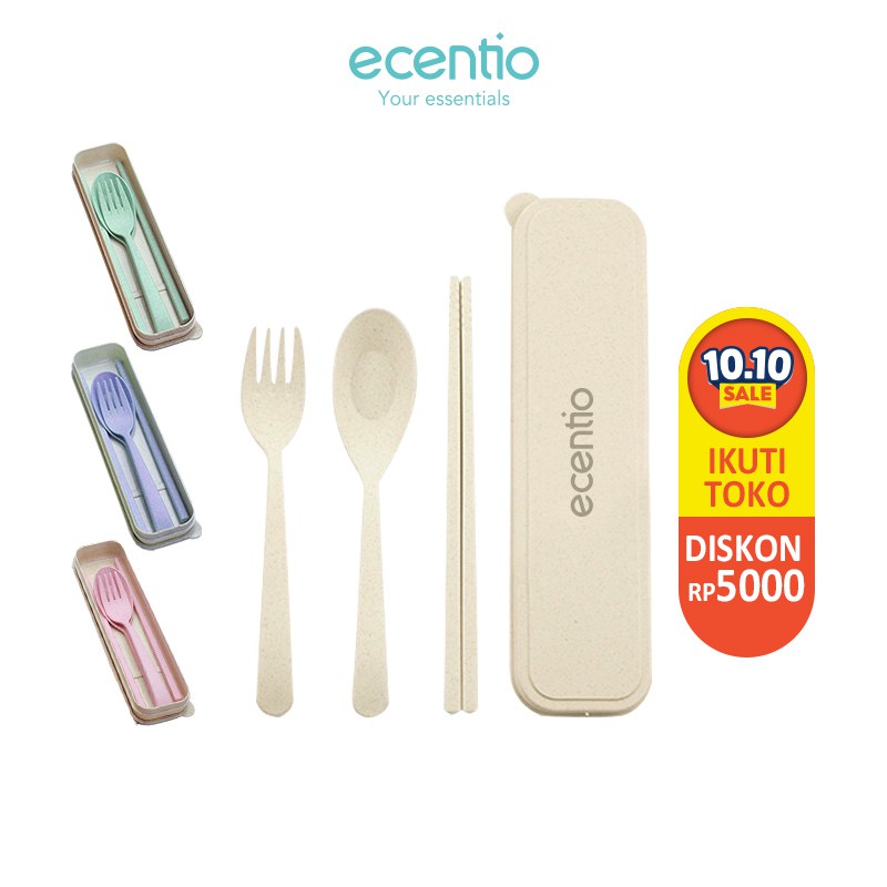 

Ecentio 3Pcs Set Alat Makan Sendok Garpu Sumpit / Wheat Straw Set Cutlery Spoon BPA Free