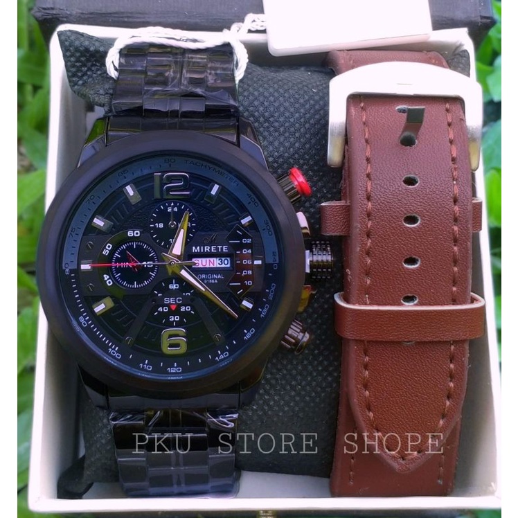 Baru Jam Tangan Pria Mirete 2 Tali Fitur Tanggal Hari Otomatis Import Mewah Elegan Strap Rantai Stainles Steel Tahan Air Kasual pria MIRETE ORIGINAL DUA TALI