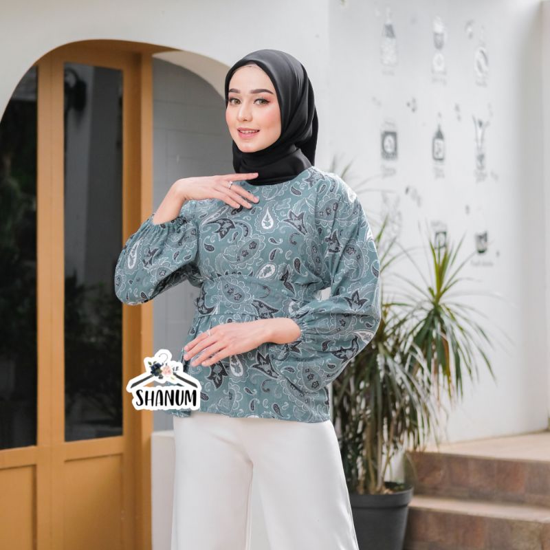 BLOUSE BATIK WANITA MODERN ATASAN BATIK KERJA WANITA BATIK PASTEL GREEN SAGE LENGAN PLUM BALON