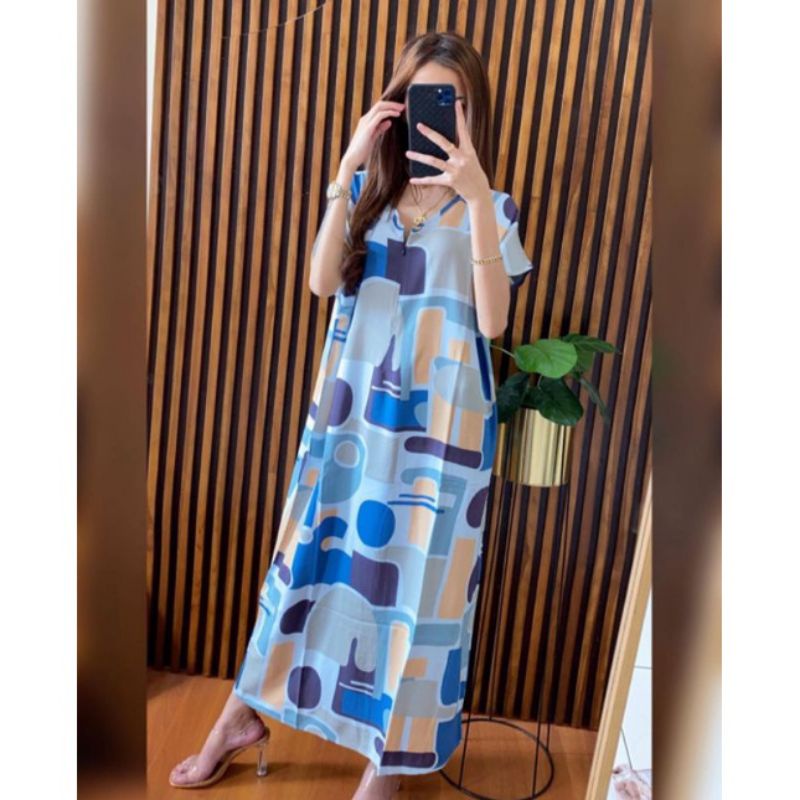 Daster RAYON  BUSUI  HABEL  SEMATA KAKI/SELUTUT  lengan pendek/Asli termurah-Long BLUE