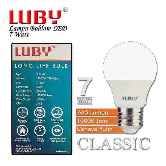 Lampu LED 7 Watt Luby Classic 7W Cahaya Putih Lampu Bohlam 7 Watt