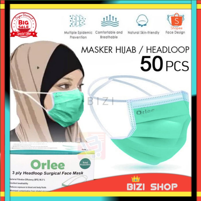 Masker Bedah Medis 3ply 3 ply Headloop Hijab ORLEE surgical kemenkes