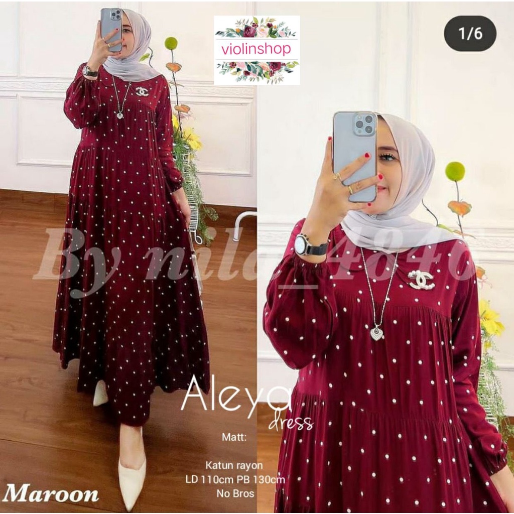 DRESS MIDI MOTIF POLKA DOT ALEYA DRESS DRESS KATUN RAYON PREMIUM, DRESS MUSLIM WANITA, DRESS WANITA 