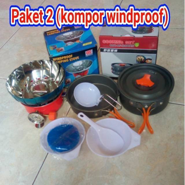 Paket  Cooking set 3 Orang + Kompor Portable Windproof  DS-200 DS200 SY-200 SY200 Mawar