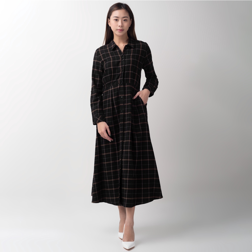 Benhill Gamis Wanita Flannel Lengan Panjang Kotak Hitam 0720-11230
