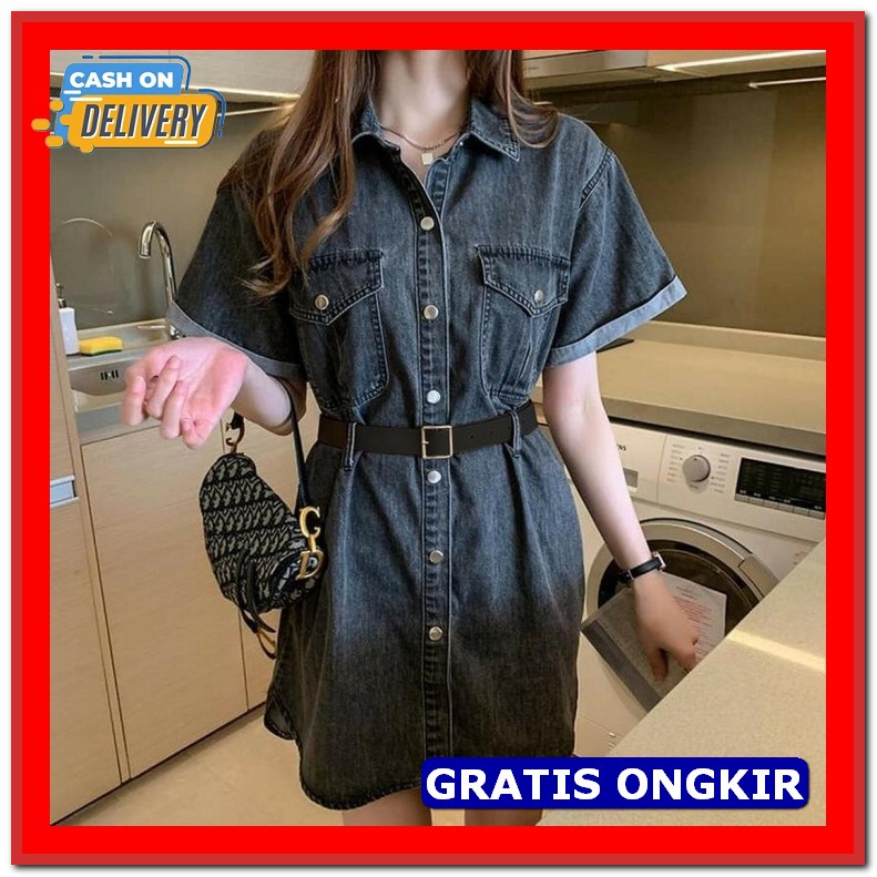 Midi Dress Jeans Button Denim Import Herbest Dress Safari Biru Muda Dr Dress Safari Abu [Dress 014