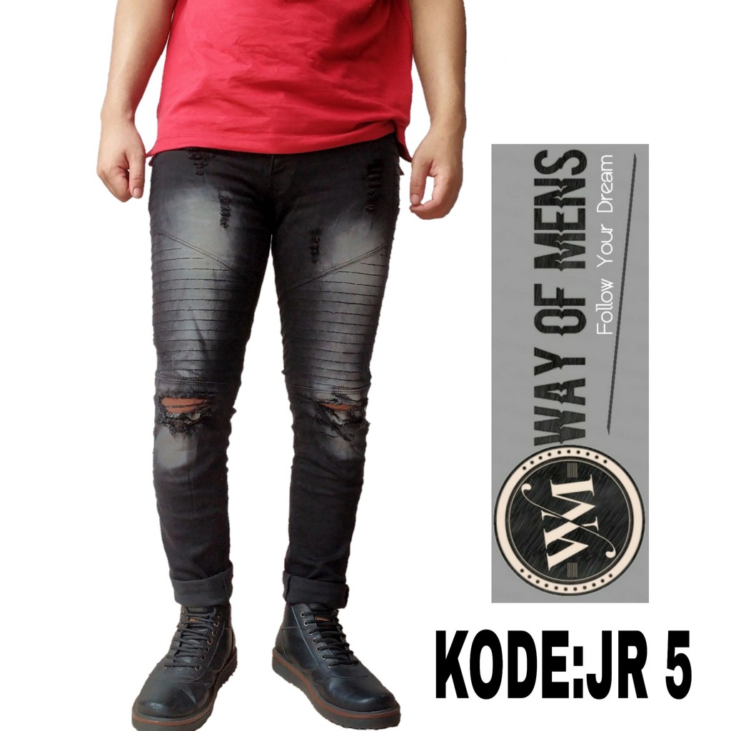 Celana Jeans Biker Sobek Skinny Ripped Jeans