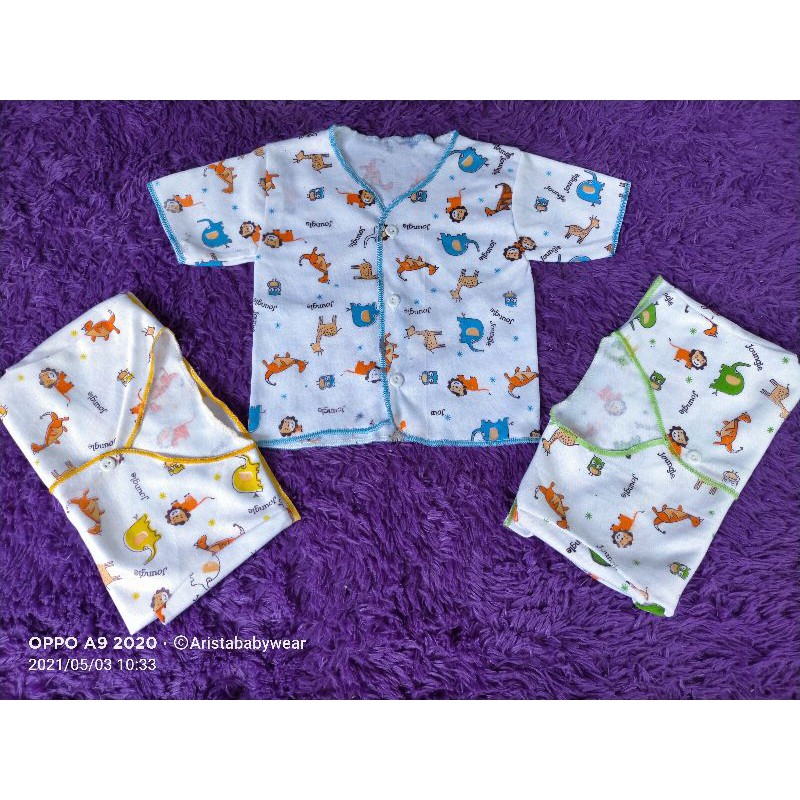 NEWBORN | (3PCS) BAJU BAYI, PUTIH MOTIF JOUNGLE