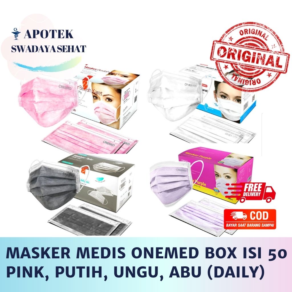 MASKER ONEMED Medis Box 50 Pcs 3Ply Bedah - Warna Pink, Putih, Ungu, Abu Grey Daily Use 3 Lapisan Earloop