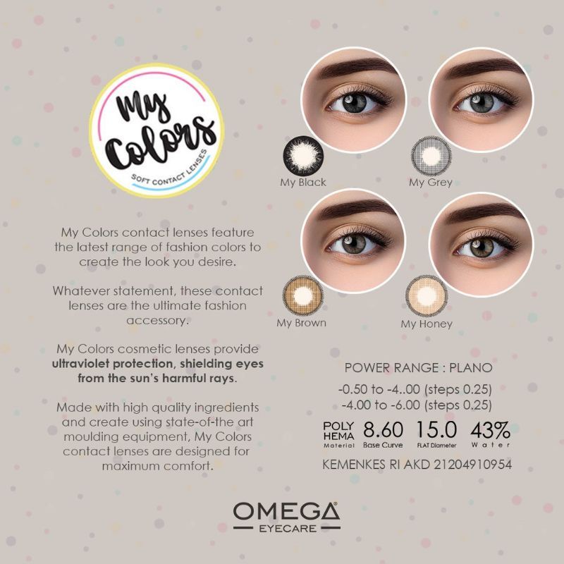 Cod Paket Softlens Omega My Color Normal Dia 15mm + Air Softlens X2 120ml + Pinset + Lenscase | Softlens Dm 15