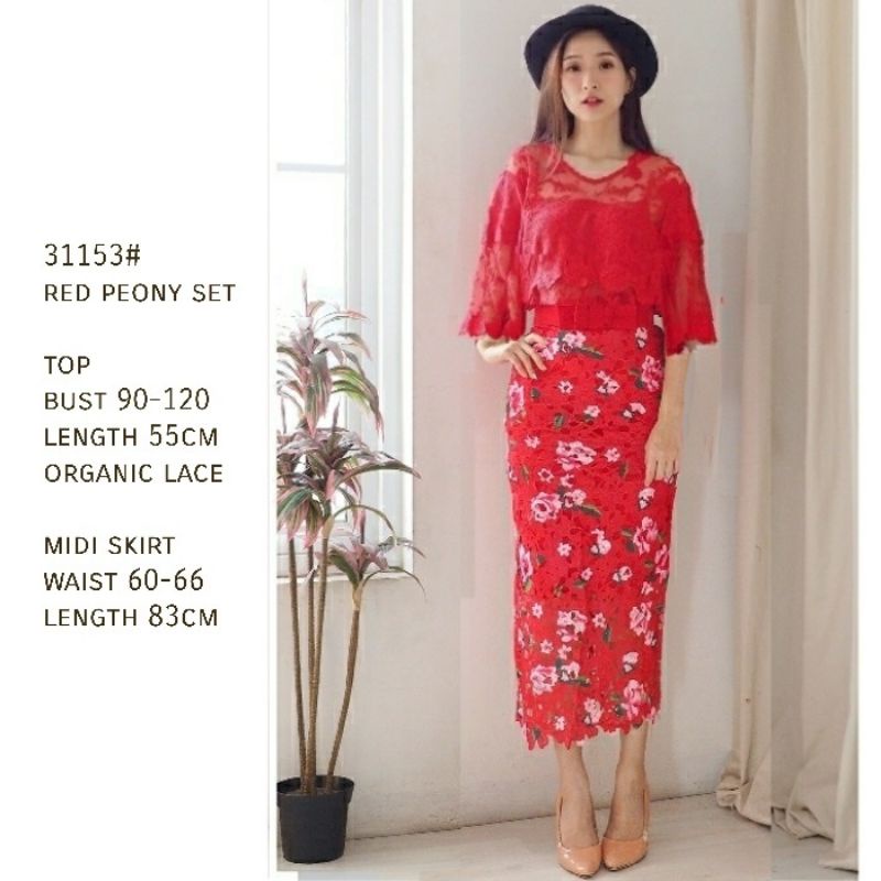 MDLV ~ 31153# Red Peony Set Atasan &amp; Rok Set Brukat Import Set Lace Premium Setelan Rok import Setelan Premium Fashion Import