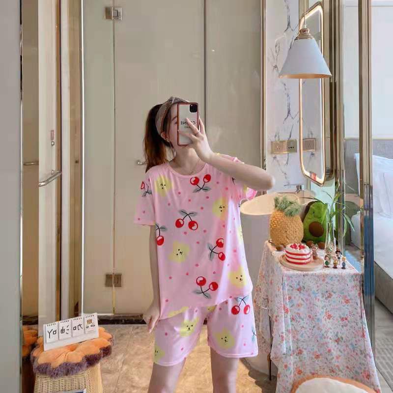 Piyama Baju Tidur Import Wanita Fashion Sleepwear Spandex Stelan Rumah Baju Santai Celana Pendek z-HP-Bear Cherry Pink