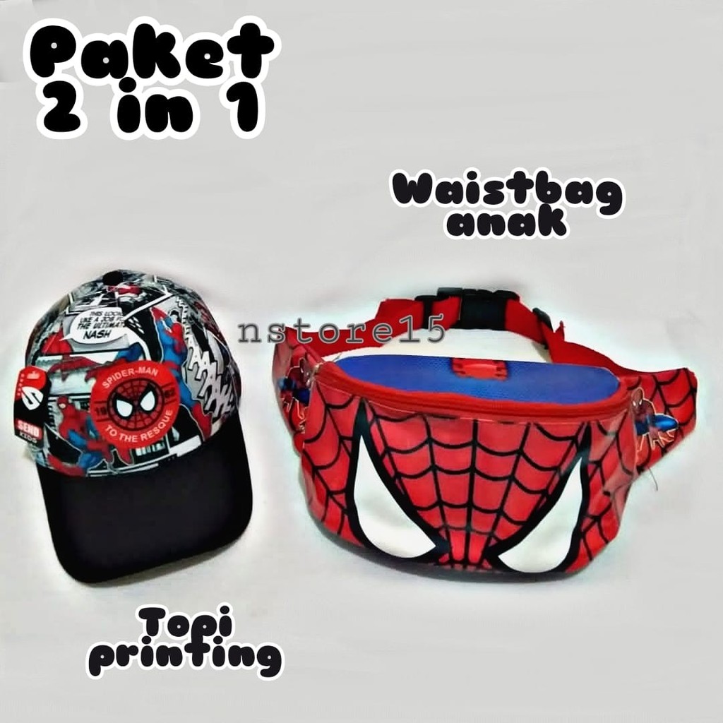 Waist bag anak laki laki, Wesbag Anak Laki Laki Motif Superhero Spiderman dan Topi Anak Laki Laki 2in1