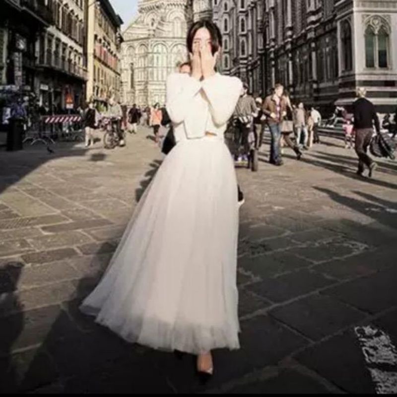 (Bisa cod) Rok tutu panjang import / Rok panjang / Rok tutu belah 8-Putih 1659