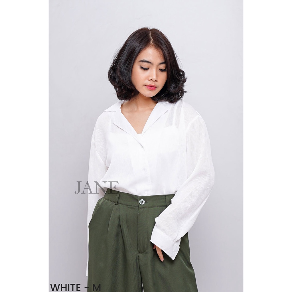 JANE COLLECTION || Atasan Wanita Hitam Kemeja Oversize Bigsize Kemeja Kerja Wanita Putih Kemeja Basic Polos Lengan Panjang Kancing Busui M L XL XXL Belle Crinkle Shirt