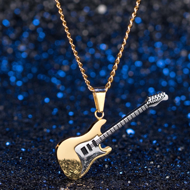 Kalung Rantai Liontin Gitar Musik Rock Warna Emas Hitam Silver Bahan Titanium Steel Untuk Pria Dan Wanita