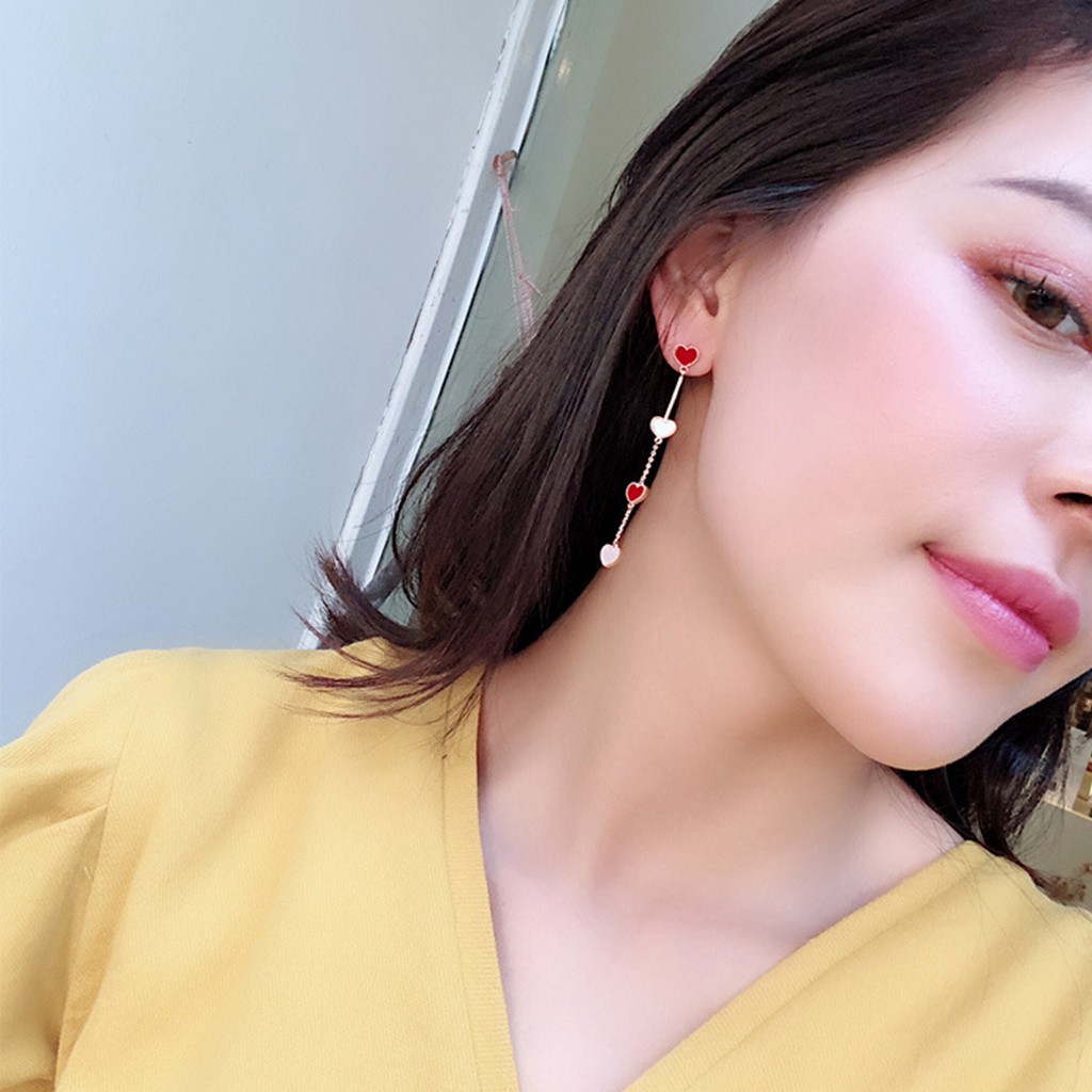 Anting wanita love panjang merah korean style-2