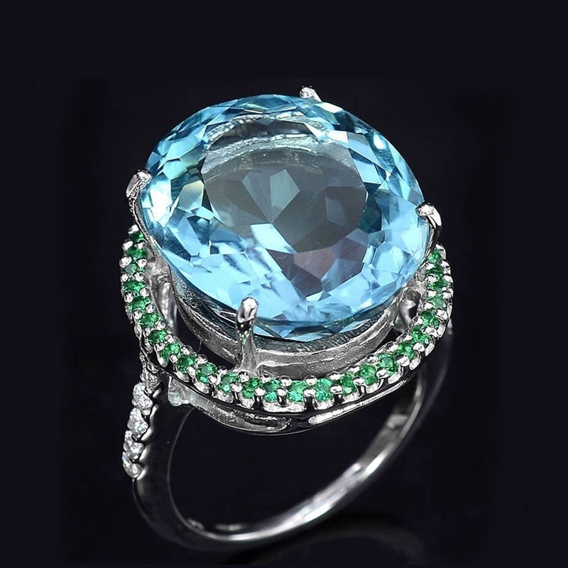 Cincin Silver 925 Bentuk Telur Hias Berlian Zirkon Topaz Biru Laut Hijau Untuk Wanita