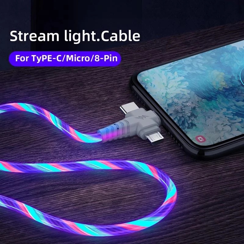 Hot Sale/Kabel Cas 3in1 LED Glow Flowing/USB Type C Luminous Lighting Fast Charger Wire Untuk iPhone Android Phone/Kabel USB Lighting