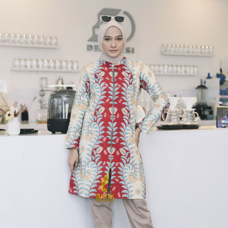 Tunik  Outer Kemeja Blouse Baju Atasan Batik Wanita  Lengan Panjang  Tirtamaya  Batik Printing Handm