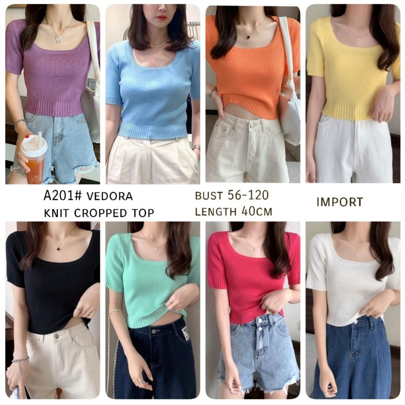 MDLV ~ A201# Vedora Knit Cropped Top Atasan Crop Blouse Rajut Lengan Pendek Fashion import