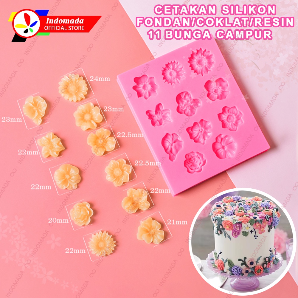 Indomada Cetakan Silikon Fondant 11 Bunga Campur Kecil 2.2 cm Cokelat Coklat Puding Permen Resin Epo