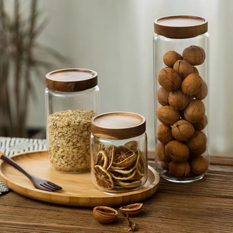 Toples Kaca/Toples Makanan Ringan Tutup Kayu Wadah Makanan Kedap Udara/Acacia Wooden Airtight Jar