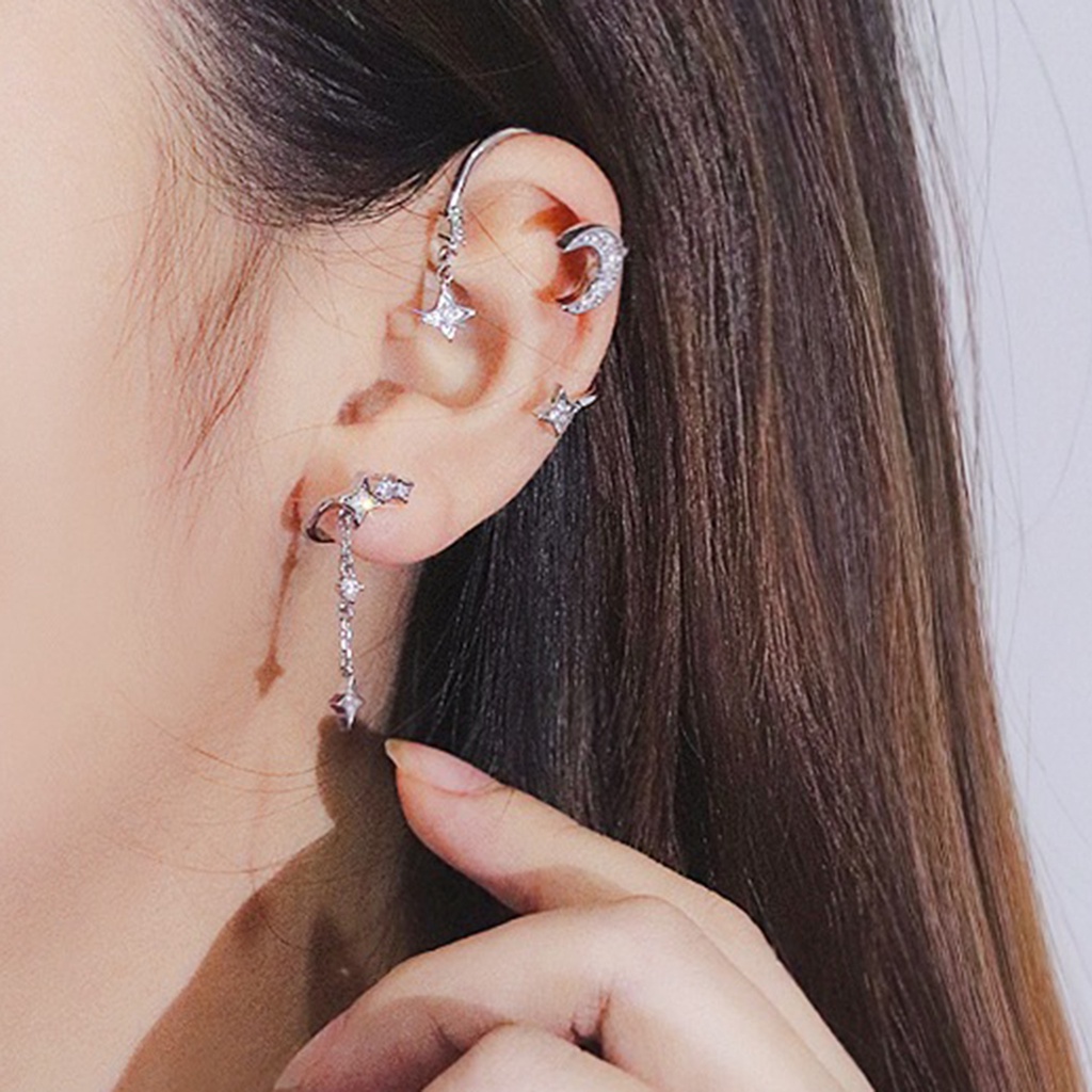 Hu Hu Hu Hu Hu Alat Bantu Pasang Kacamata♡ 1pc Anting Tusuk Gantung Bahan Alloy Desain Bulanbintang Electroplating Untuk Wanita