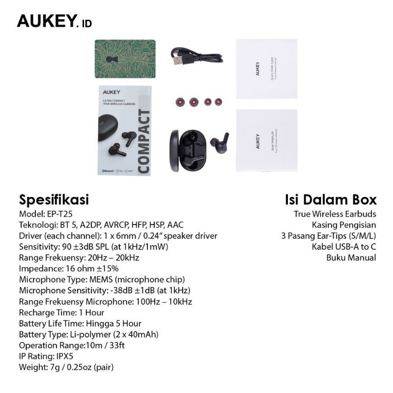 Aukey EP-T25 TWS Bluetooth/Headset High Fidelity Audio Original Garansi Resmi Aukey