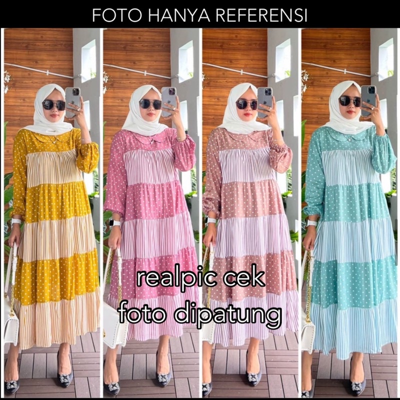 MIDI DRESS RAYON LONG TUNIK SALUR POLKADOT ONDE WARNA KOMBINASI MURAH GAMIS MIDI ADEM JUMBO XXL BIGS
