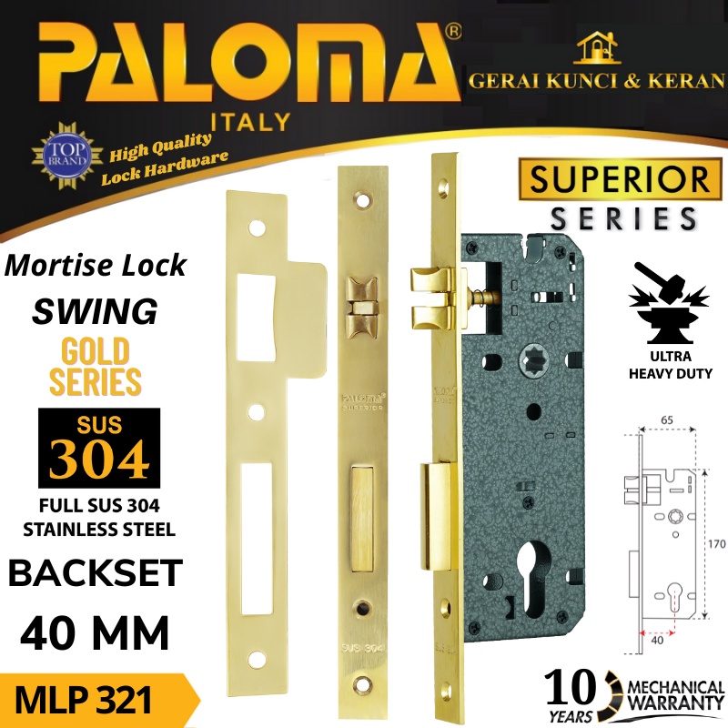 BODY KUNCI PINTU PALOMA SWING MLP 321  40 MM GOLD PVD EMAS MORTISE LOCK SWING SUPERIOR