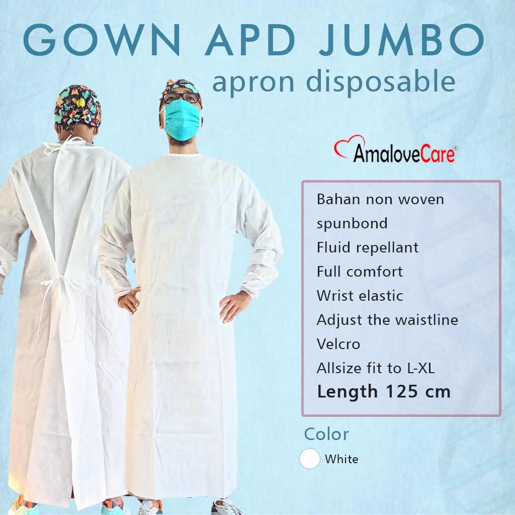 Jumbo Surgical gown apd disposable / apron medis dokter lengan panjang spunbond disposible 75 gsm
