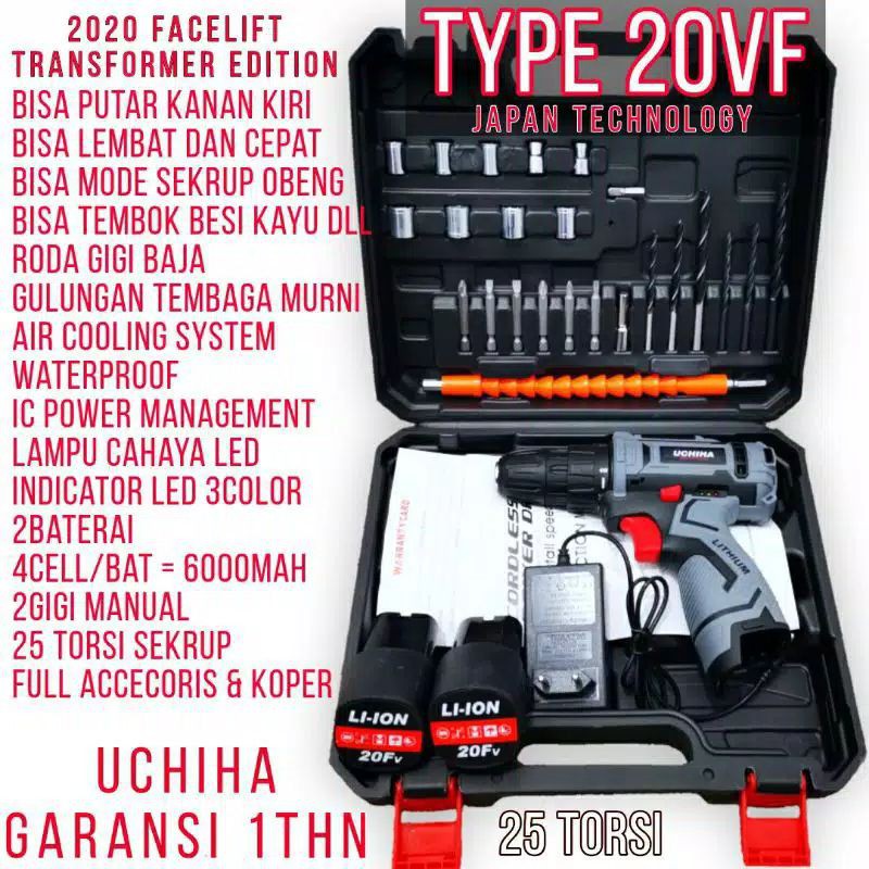 mesin bor baterai cordless uchiha 20v tembok besi kayu 25torsi t