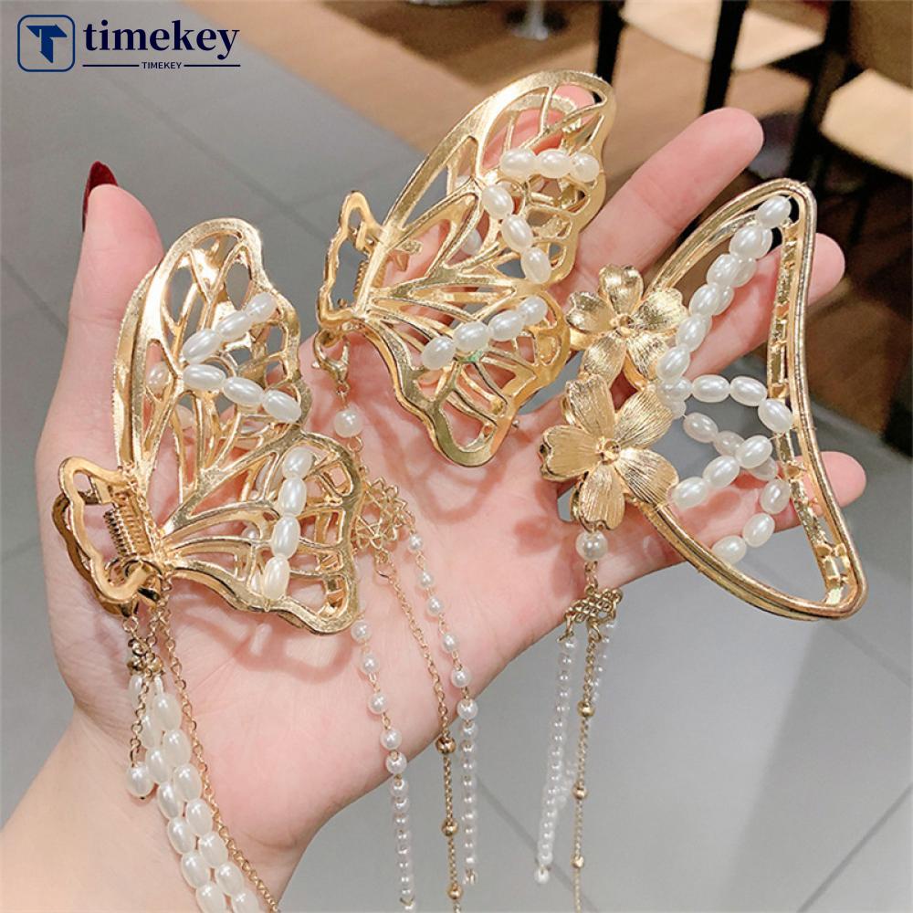 Timekey Jepit Rambut Model Kupukupu Bahan Metal Hias Mutiara Untuk Wanita J4V6