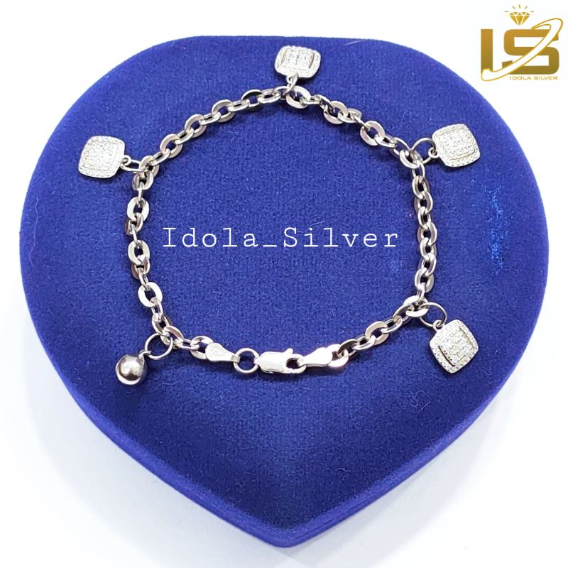 GELANG PERAK ASLI SILVER 925 LAPIS EMAS PUTIH MODEL NORI POLOS + GANTUNGAN - PERHIASAN PERAK WANITA