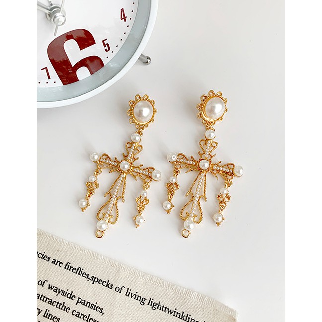 LRC Anting Tusuk Fashion Alloy Pearl Cross Earrings F91346