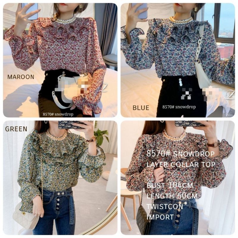 8570# Snowdrop Layer Collar top Blouse Cassual Lengan Panjang Motif Bunga Summer Import Murah Cantik