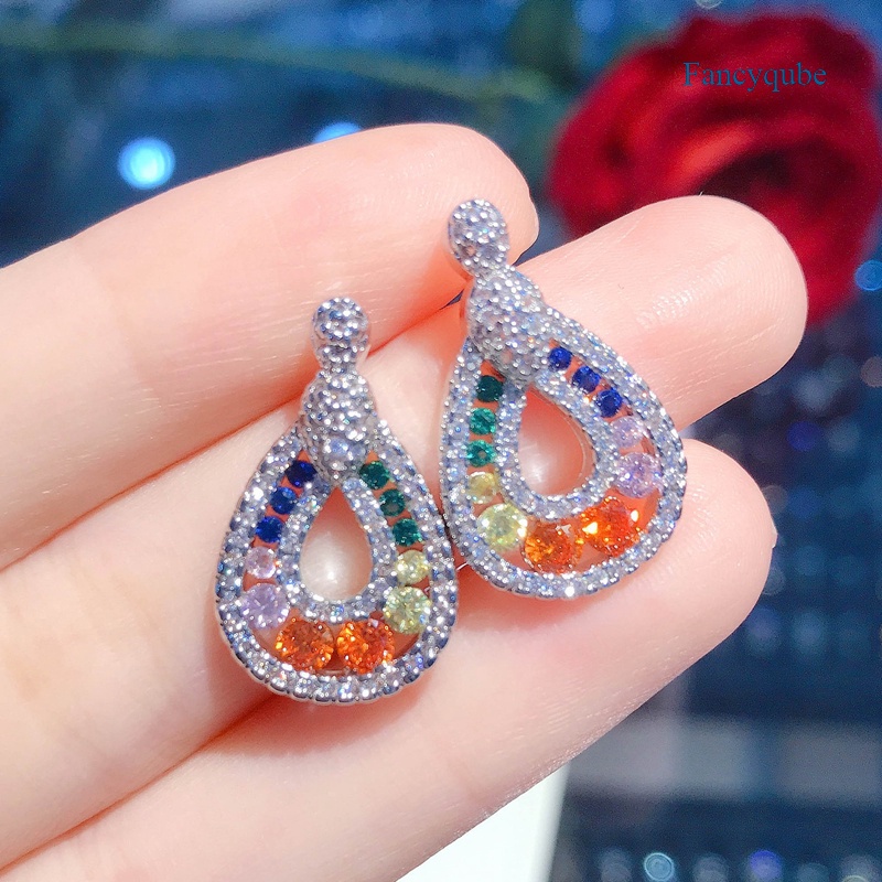 Fancyqube Anting Stud Kristal Zircon Bentuk Tetesan Air Warna-Warni Untuk Wanita