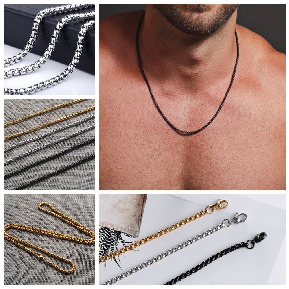 ROW Hot Box Chains Simple Square Beads Men Necklace 3mm Fashion Gold/ Black/ Silver Jewelry Gift Titanium Steel/Multicolor