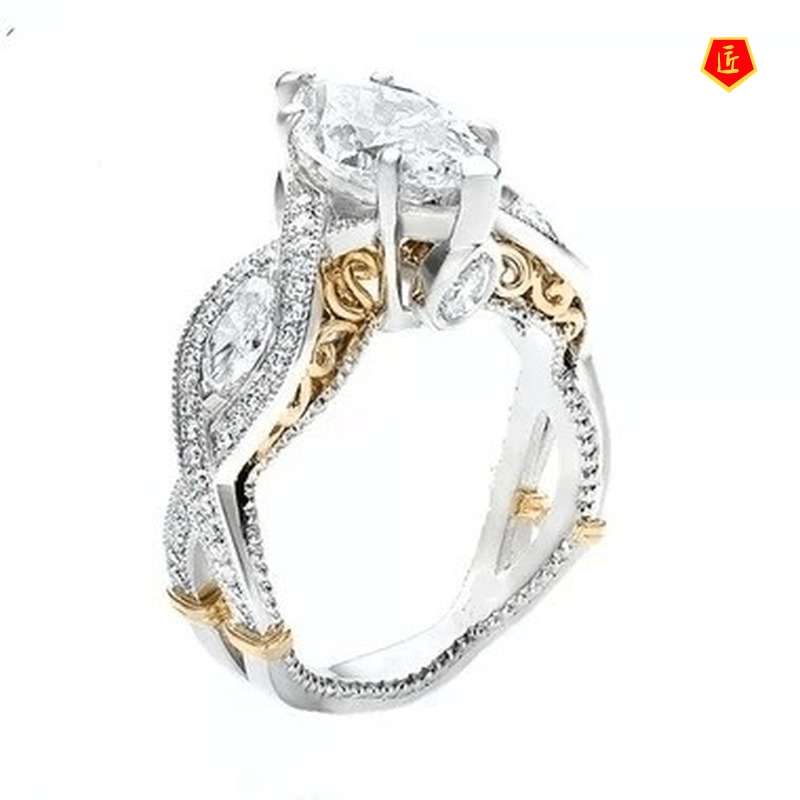 [Ready Stock]Fashion Personality Inlaid Blue Gem Two-Tone Ring 18K Gold