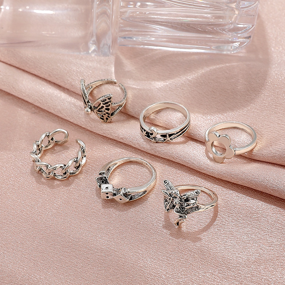 6 Pcs/Cincin Bunga Kupu-kupu Perak Antik Gaya Punk Set Cincin Logam Wanita Retro Eropa Dan Amerika Aksesoris Fashion Wanita