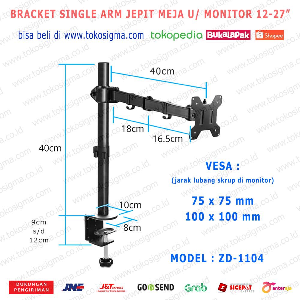 BRACKET STAND JEPIT MEJA ZD-1104 SINGLE ARM DESK MOUNT MONITOR 13-27 inch