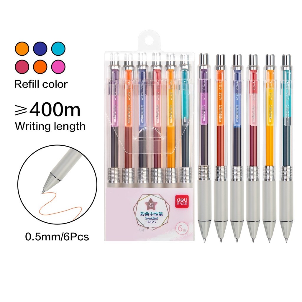 

PULPEN PEN GEL 6 WARNA DELI A123 BALLPOINT GEL 0.5 MM CETREK RECTRACT