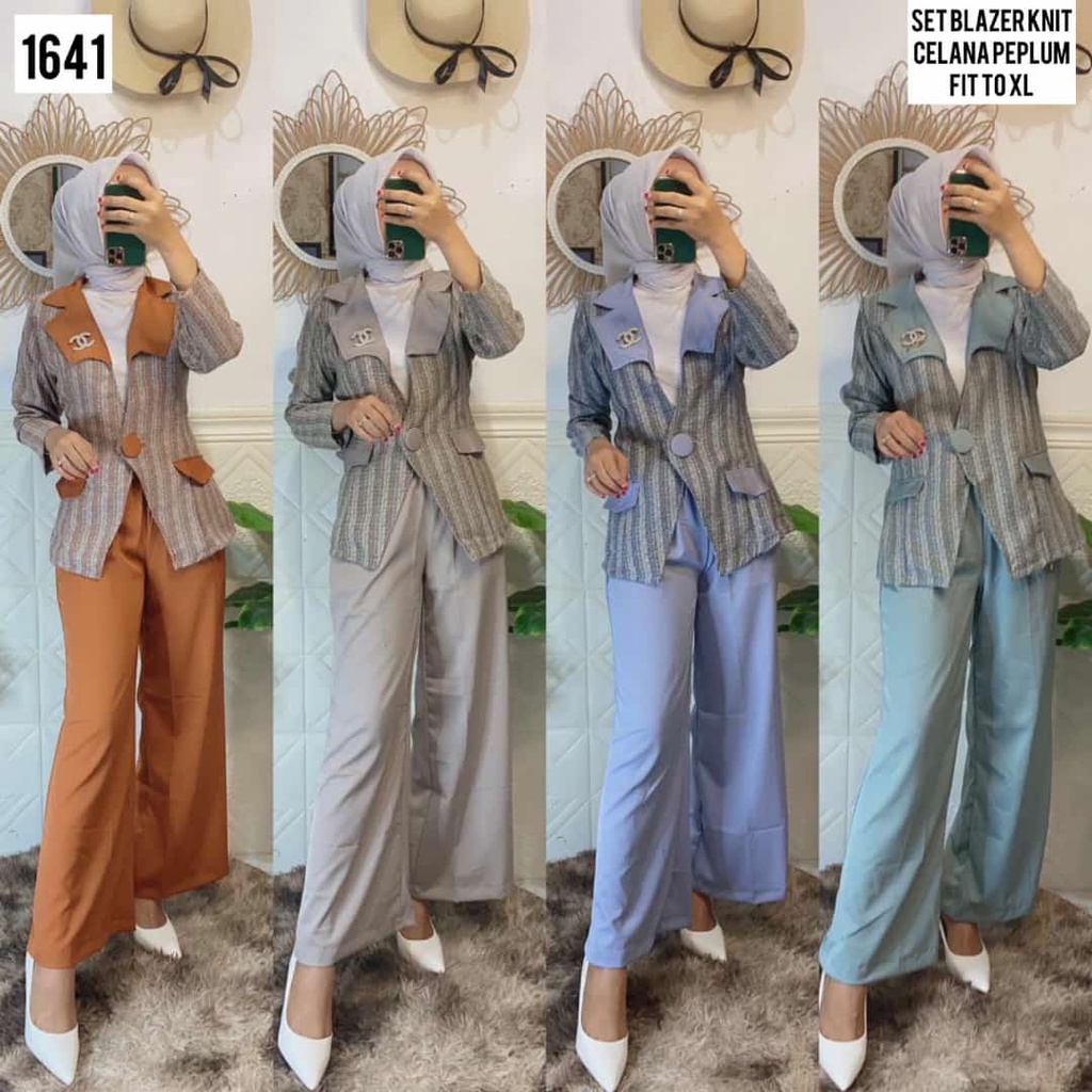 SET BLAZER KNIT CELANA PEPLUM