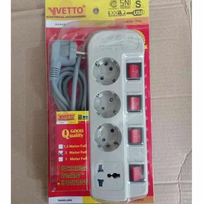 Stop Kontak VETTO Multi Socket 3 Meter dan 1.5 Meter (Varian 3, 4 dan 5 Lubang )