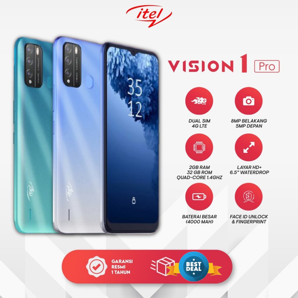 ITEL VISION 1 PRO 2/32 GB LAYAR 6,5" HD+ FACE UNLOCK FINGERPRINT DUAL SIM 4G LTE UNISOC SC9832E 1.4G
