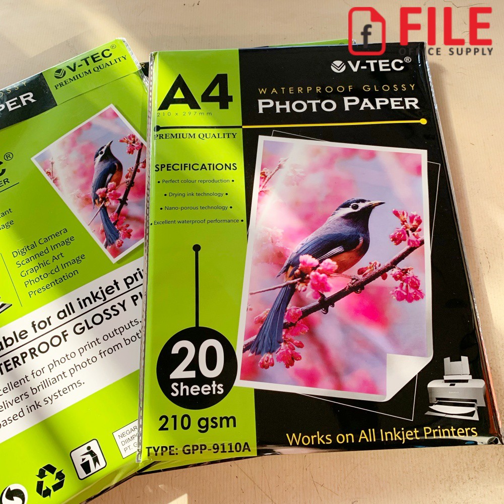 

V-TEC Waterproof Glossy Photo Paper / Kertas Foto Vtec A4 210 gsm