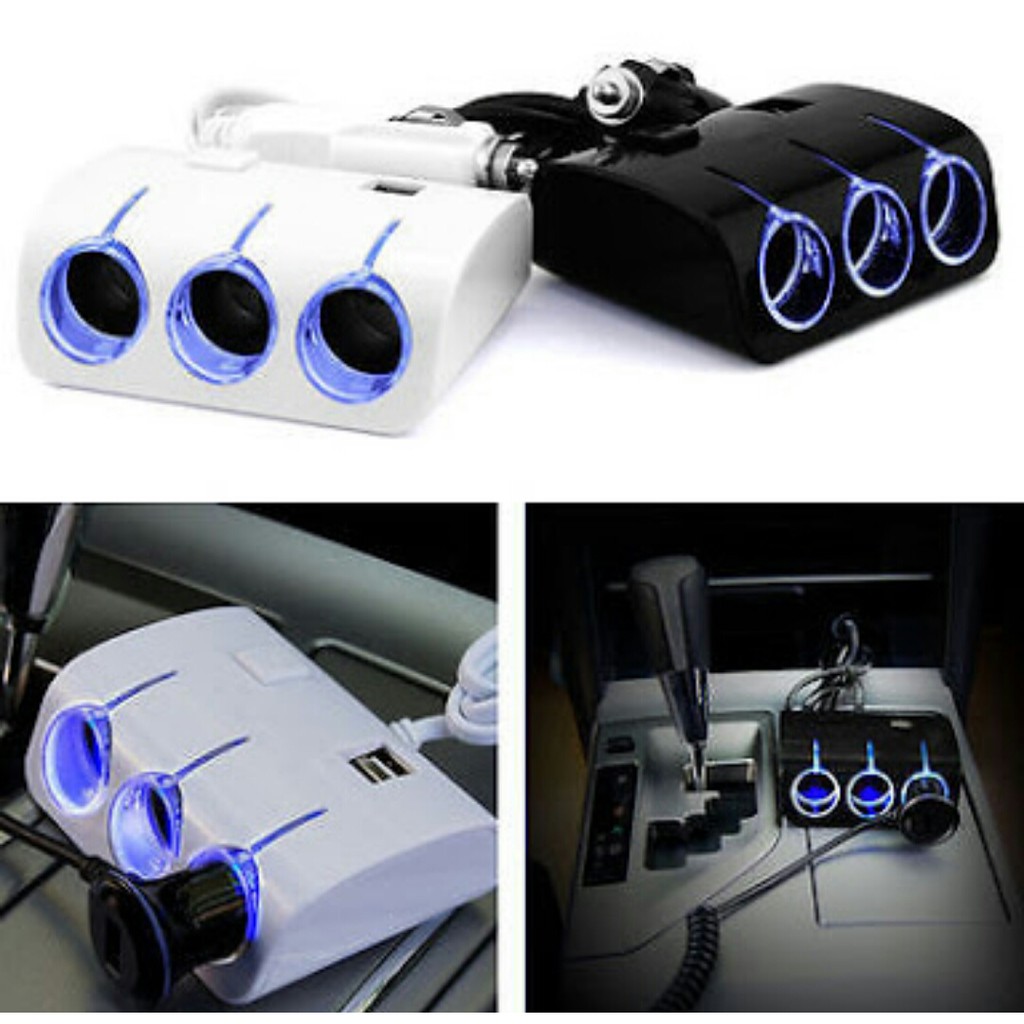 3 Slot Sockets Lighter + 2 Slot Usb Led Blue Soket Lighter mobil