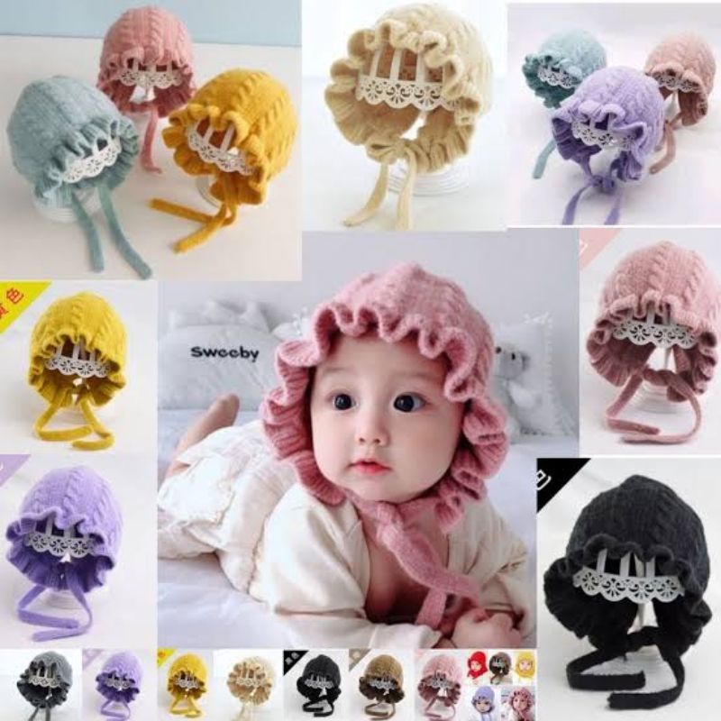 Topi Kupluk Rajut Bayi Perempuan Model Ruffle Bonet | Kupluk bonet Kupluk anak perempuan