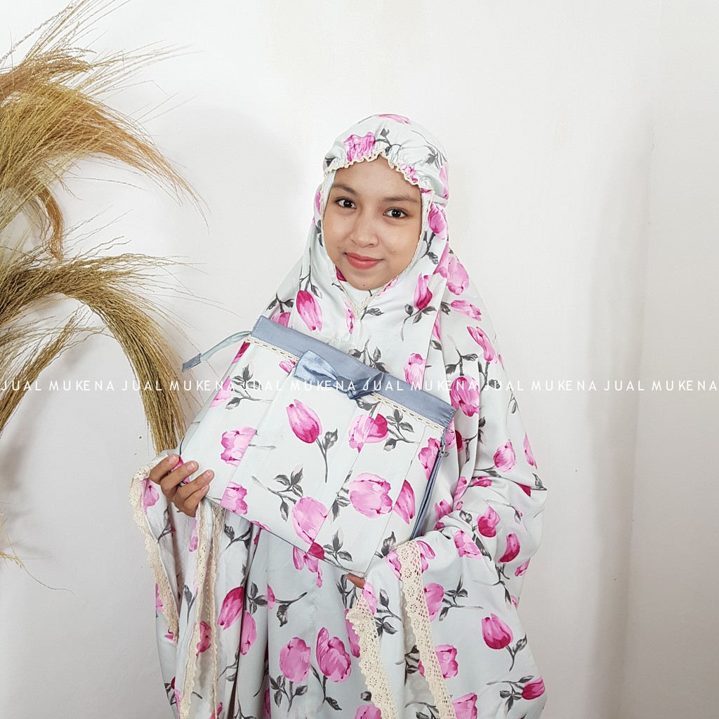 MUKENA TELEKUNG DEWASA SATIN SILK MOTIF BUNGA AZKA ABU RENDA RAJUT MILO